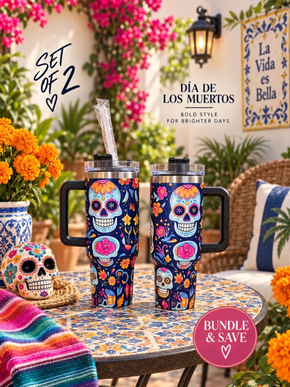 Set of 2 Sugar Skull 40oz Tumblers Stainless Steel Handles Día de Muertos